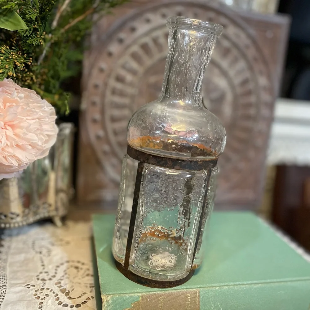 Vintage Pulegoso clear bubble Glass bottle Rustic metal French country cottage